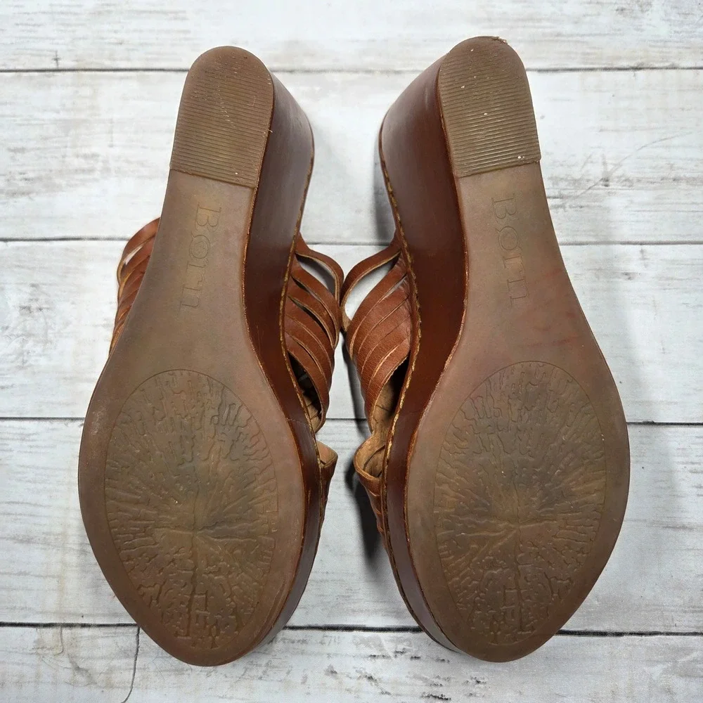Born‎ Woven Leather Wedge Platform Sandals Womens 10M Brown Strappy Mules D63216